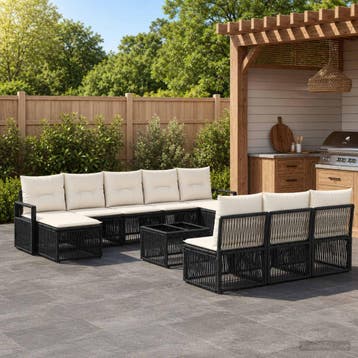 vidaXL Tuinbankenset 11 st Zwart poly rattan, Verzenden, Nieuw, Meer dan 8 zitplaatsen