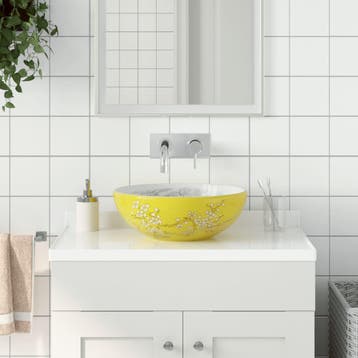 vidaXL Opzetwasbak rond 41x14 cm keramiek wit en geel, Doe-het-zelf en Verbouw, Sanitair, Verzenden, Nieuw