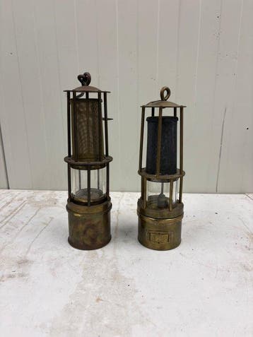2x KW Mijnlamp / Steigerlamp – Messing & Glas –