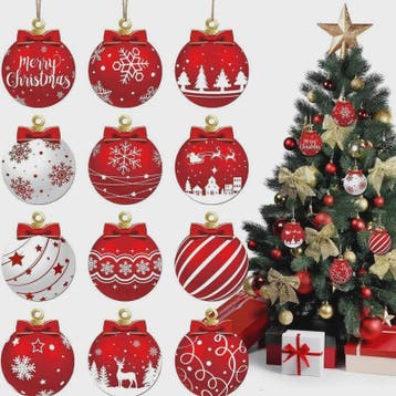 12x Houten Kerstballen Ornamenten Rood Wit - Feestelijke Win, Diversen, Verzenden, Nieuw