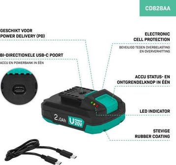2dekans | VONROC Accu 20V – 2.0Ah - Met b-directionele USB-C, Ophalen of Verzenden, Zo goed als nieuw