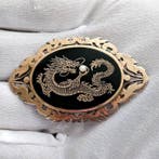 Zilver, Black Onyx - Gegraveerde Chinese draak met parel -
