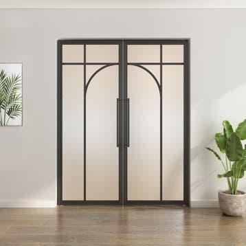 Dubbele stalen taatsdeur - Zwart - 5 Vlaks rond - Mat glas, Minder dan 80 cm, Overige typen, Nieuw, Metaal
