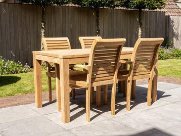Teak tuinstel 80x160cm + 4 stapelstoelen en kussens!, 4 zitplaatsen, Teakhout, Nieuw, Ophalen of Verzenden