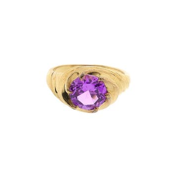 Vintage gouden ring met een synthetische paarse edelsteen, Sieraden, Tassen en Uiterlijk, Ringen, Gebruikt, Overige kleuren, Ophalen of Verzenden