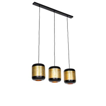 Vintage hanglamp zwart met messing langwerpig 3-lichts -, Huis en Inrichting, Lampen | Hanglampen, Verzenden, Nieuw, Industrieel