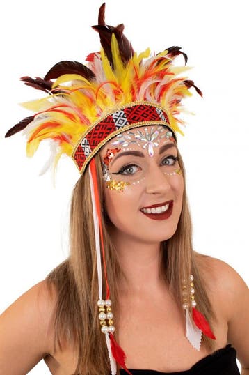 Verentooi Geel Rood Wit Veren Tooi Hoofdtooi Indianentooi Fa, Ophalen of Verzenden, Nieuw, Carnaval