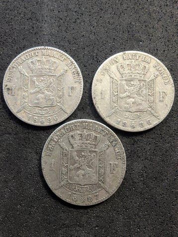 België. Leopold II. 3 x 1 Franc diferentes 1886-87 (Zonder, Postzegels en Munten