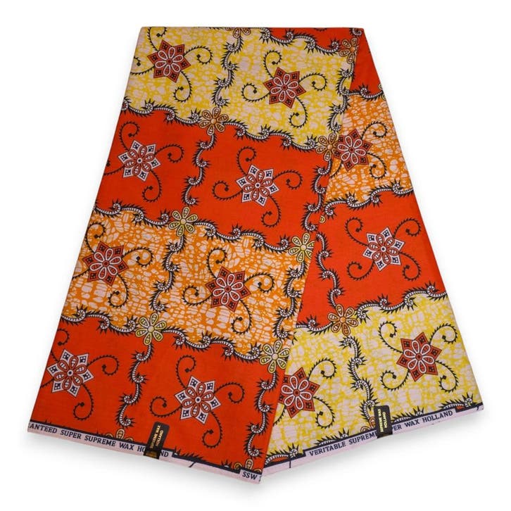 Afrikaanse stof - Oranje Geel Floral Scrollwork - Super Wax, Hobby en Vrije tijd, Stoffen en Lappen, Nieuw, Ophalen of Verzenden