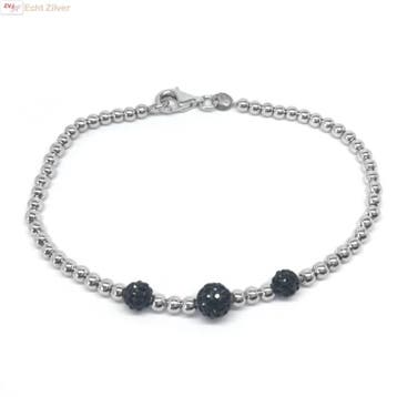 Zilveren balletjes armband 3 zwarte bling kristallen, Verzenden, Nieuw, Zilver