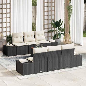 vidaXL Tuinbankenset met kussen 7 pcs Zwart poly rattan, Verzenden, Nieuw, Rotan, 7 zitplaatsen