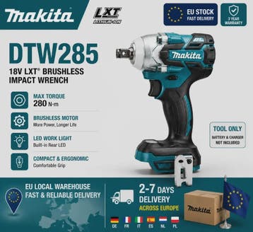 Makita DTW285 18V Accu Slagmoersleutel Borstelloos 330 Nm +, Verzenden, Nieuw