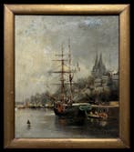 École française (c. 1900) - Au port de Rouen, Antiek en Kunst