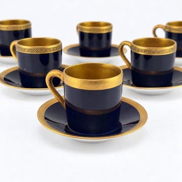 Limoges - Drinkservies (6) - Kobaltblauw & Verguld Porselein