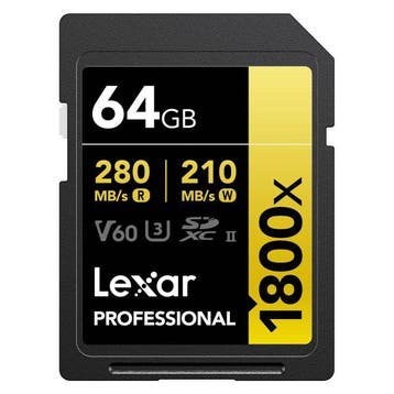 Lexar 64GB SDXC Professional 1800x Gold UHS-II V60, Verzenden