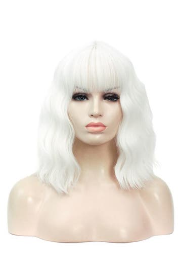 KIMU® Luxe Wit Pruik Schouderlengte Rechte Pony Krullen Oude, Ophalen of Verzenden, Nieuw, Carnaval