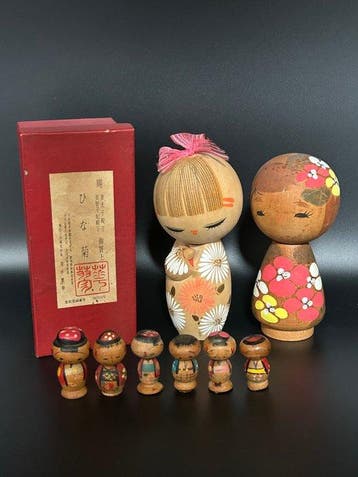 Japanse vintage Sosaku Kokeshi-collectie (8 stuks) - met