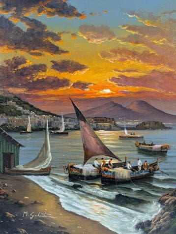 Mario Galanti (XX) - Tramonto sul Golfo di Napoli con barche