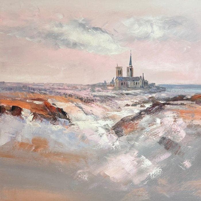 Hugo Delorme - Eglise sous ciel gris rose, Antiek en Kunst, Kunst | Schilderijen | Modern