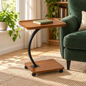 Bijzettafel op wieltjes – C-vorm – vintage bruin/zwart, Huis en Inrichting, Minder dan 55 cm, Nieuw, Industrieel/Vintage, 60 cm of meer