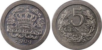 Koningin Wilhelmina 5 cent 1909 MS66 PCGS gecertificeerd, Postzegels en Munten, Verzenden, Koningin Wilhelmina, 5 cent, Losse munt