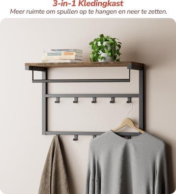 Kapstokken-Wandkapstok-Hout Metaal–10Haken-4Kleur-60x30x42cm, Huis en Inrichting, Wandkapstok, Nieuw, Ophalen of Verzenden, Minder dan 100 cm