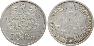 Duitsland 5 Gulden Danzig 1927 vz+ minimale Kratzer selte..., Verzenden