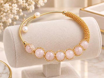 Verguld - Armband - Roze kwarts/zoete parels