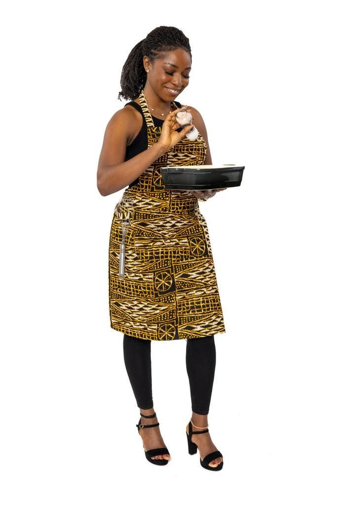 Schort met Afrikaanse print  - Geel Zwart Ndop Cameroon, Huis en Inrichting, Keuken | Textiel, Nieuw, Ophalen of Verzenden