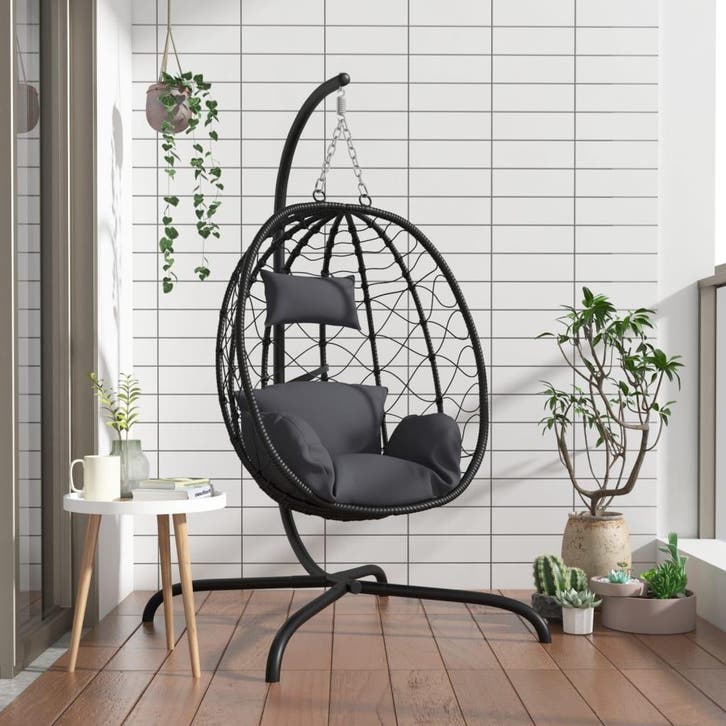vidaXL Hangende Ei-stoel met Kussen Antraciet Poly Rattan &, Tuin en Terras, Tuinbanken, Nieuw, Verzenden