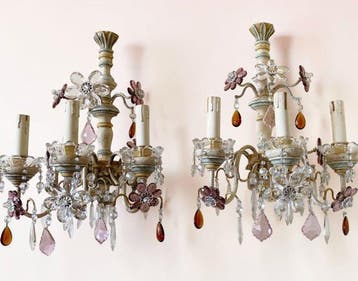 Wandlamp (2) - Banci Firenze 3 lampen, kristallen en bloemen, Nieuw
