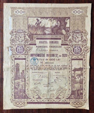 Roemenië. 1000 Leu 1920 State bond public debt, Antiek en Kunst