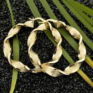 Gouden wokkel oorringen met Griekse tekens; Ø 51 mm, Ophalen of Verzenden, Gebruikt, Goud, Goud