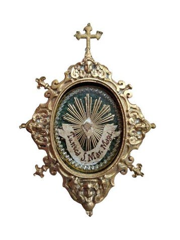 Reliekhouder - Brons, Gouden cartouche, Glas, Textiel - 20e