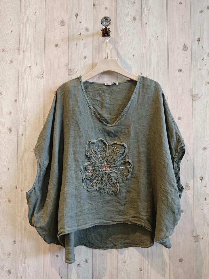 100% Linnen top blouse met prachtige bloem - oversized -, Kleding | Dames, T-shirts