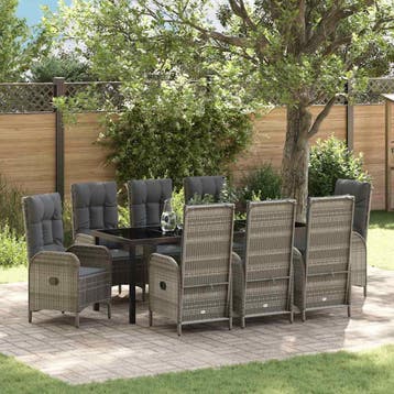 vidaXL Tuin eettafelset met kussen 9 pcs Grijs poly rattan, Tuin en Terras, Tuinsets en Loungesets, Verzenden, Nieuw, Rotan, Meer dan 8 zitplaatsen