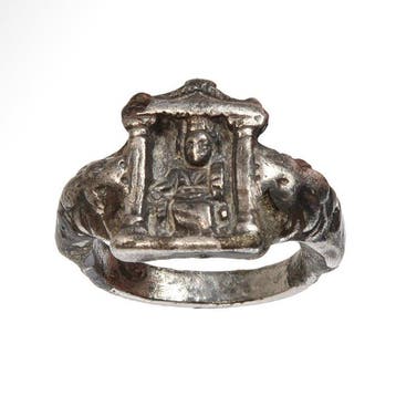 Oud-Romeins Zilver Ring met Cybele in haar heiligdom