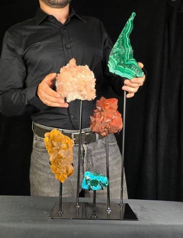 Prachtige mineralenpresentatie met vijf exemplaren op een op