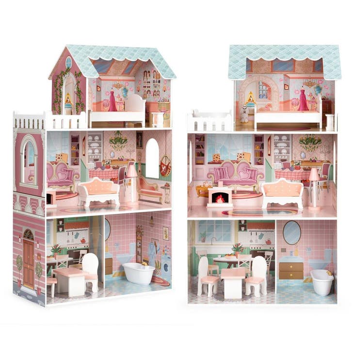Poppenhuis Hout 106cm - 9 Meubels | Retourdeal 61% Korting, Kinderen en Baby's, Speelgoed | Poppenhuizen, Zo goed als nieuw, Poppenhuis