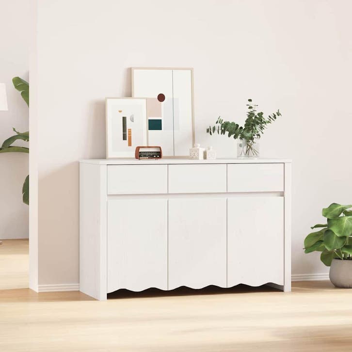 vidaXL Dressoir Drammen Wit 114 x 43 x 75,5 cm Massief, Huis en Inrichting, Kasten | Dressoirs, Nieuw, Minder dan 50 cm, Grenenhout