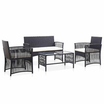 vidaXL 4-delige Loungeset met kussen poly rattan zwart, Verzenden, Nieuw, 4 zitplaatsen, Loungeset