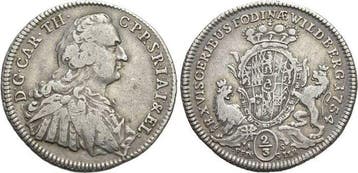 2/3 taler, daalder(gulden) 1754 Pfalz-kurlinie Karl Theod..., Verzenden