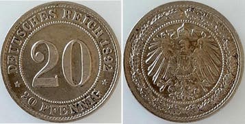 Duitsland 20 Pfennig 1892 E vz+ selten in der Erhaltung, Verzenden