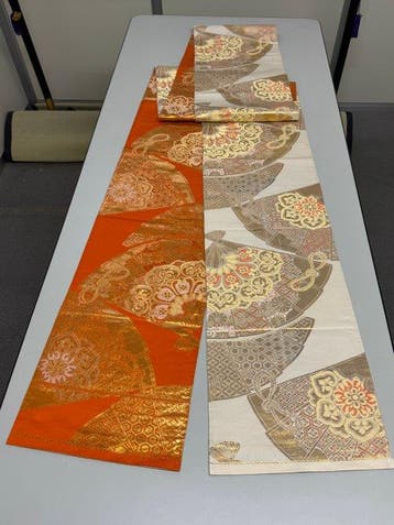 Japans vintage Kimono Fukuro Obi zijde beige/oranje