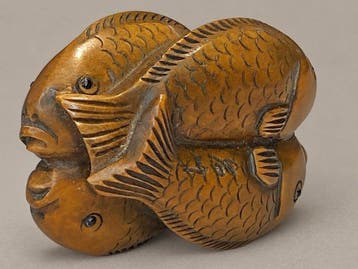 Vier verstrengelde vissen – netsuke van buxushout - Signed