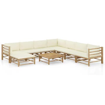 vidaXL 9-delige Loungeset met crèmewitte kussens bamboe, Verzenden, Nieuw, Hout, Loungeset
