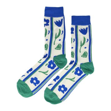 Sokken Katoen - Tulpen Bloemen Print - Blauw Groen Wit -, Nieuw