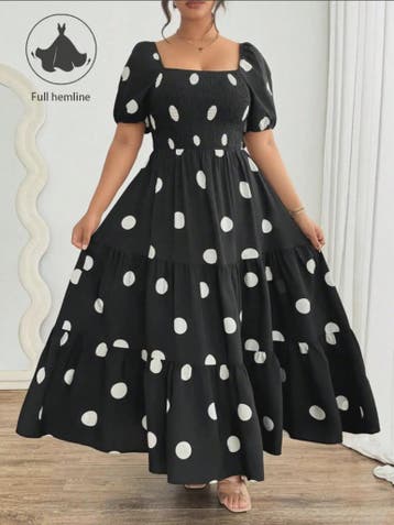 Zwarte Polka Dot Jurk met Pofmouwen en Vierkante Hals - Eleg, Verzenden, Nieuw