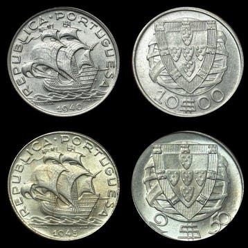 Portugal. Lote de 2 Moedas de Prata Caravela: 10 Escudos