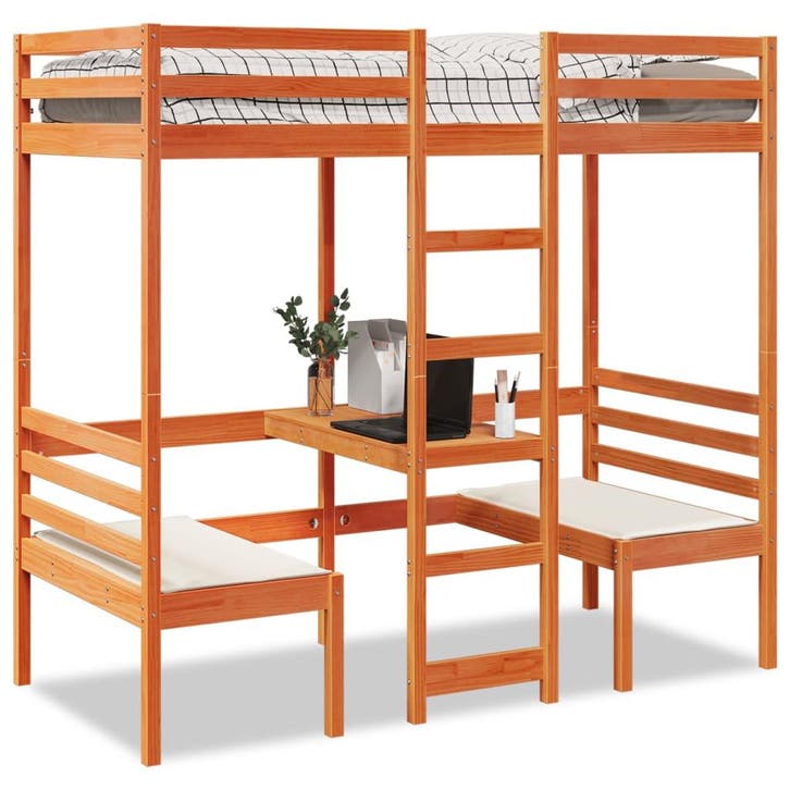 vidaXL Hoogslaper met bureau en stoelen grenenhout wasbruin, Huis en Inrichting, Slaapkamer | Bedden, 90 cm, 190 cm of minder